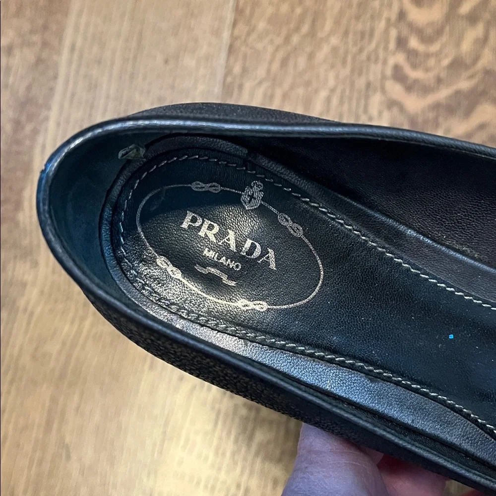 Prada Black Leather Point Toe Flats with Silver Buckle - Picture 10 of 12